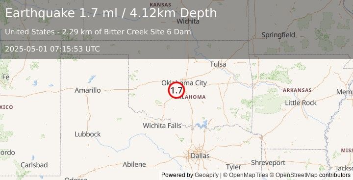 Earthquake 5 km NNE of Amber, Oklahoma (1.7 ml) (2025-05-01 07:15:53 UTC)