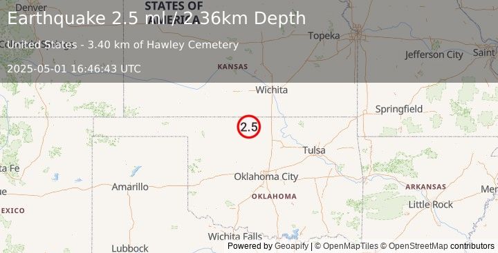 Earthquake 8 km E of Nescatunga, Oklahoma (2.3 ml) (2025-05-01 16:46:42 UTC)