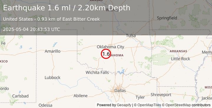 Earthquake 8 km ESE of Chickasha, Oklahoma (1.6 ml) (2025-05-04 20:43:53 UTC)