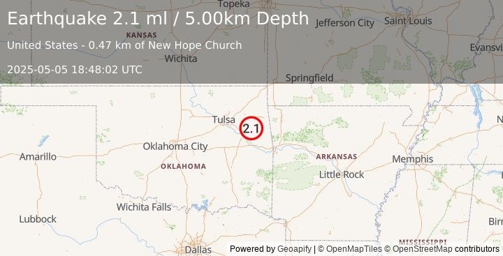 Earthquake 2 km WSW of Hulbert, Oklahoma (1.6 ml) (2025-05-05 18:48:01 UTC)