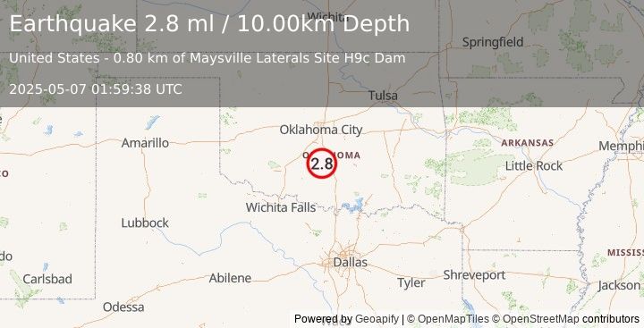 Earthquake 9 km WSW of Maysville, Oklahoma (2.8 ml) (2025-05-07 01:59:38 UTC)