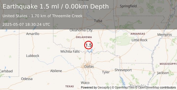 Earthquake 3 km SSW of Mill Creek, Oklahoma (1.5 ml) (2025-05-07 18:30:24 UTC)