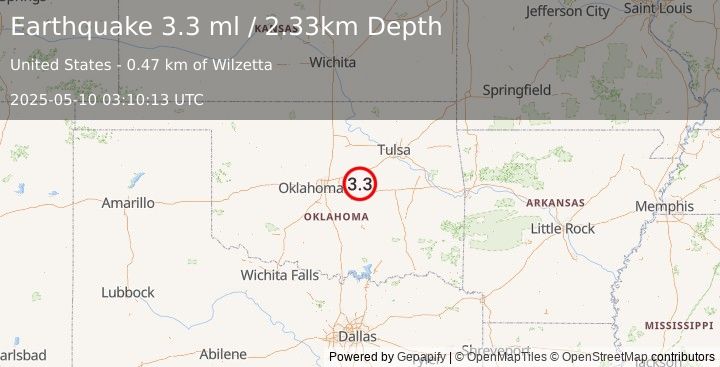 Earthquake 8 km NW of Prague, Oklahoma (3.3 ml) (2025-05-10 03:10:13 UTC)