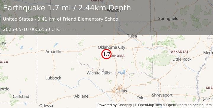 Earthquake 4 km E of Chickasha, Oklahoma (1.7 ml) (2025-05-10 06:52:50 UTC)