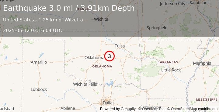 Earthquake 8 km NNW of Prague, Oklahoma (3.0 ml) (2025-05-12 03:16:05 UTC)