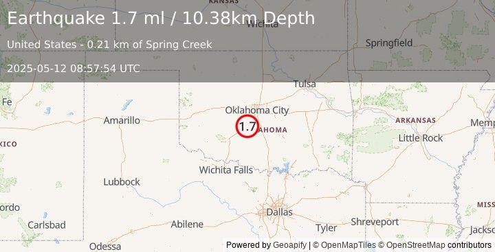 Earthquake 10 km E of Chickasha, Oklahoma (1.7 ml) (2025-05-12 08:57:54 UTC)