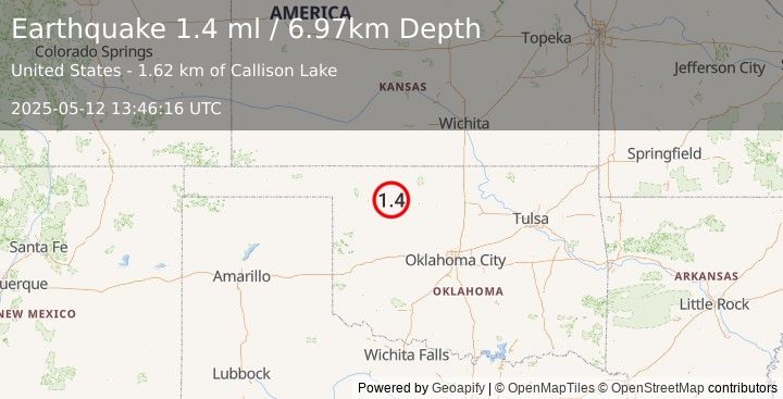 Earthquake 15 km SSE of Waynoka, Oklahoma (1.4 ml) (2025-05-12 13:46:16 UTC)