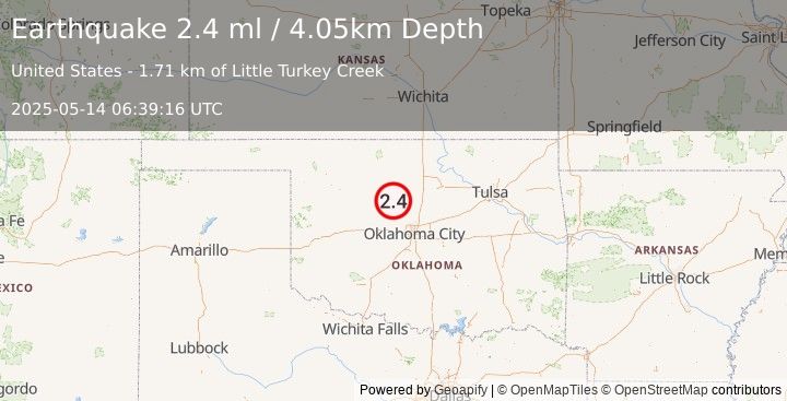 Earthquake 3 km NNW of Dover, Oklahoma (2.4 ml) (2025-05-14 06:39:16 UTC)