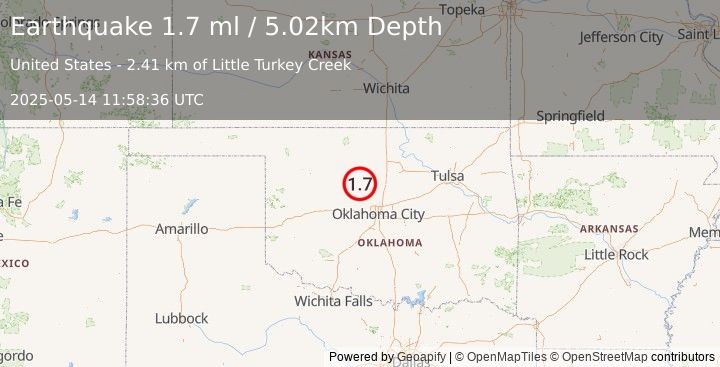 Earthquake 3 km NNW of Dover, Oklahoma (1.7 ml) (2025-05-14 11:58:36 UTC)
