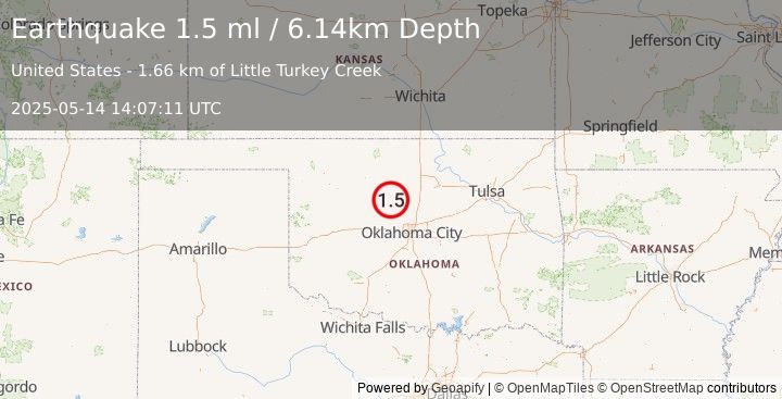 Earthquake 4 km NNW of Dover, Oklahoma (1.5 ml) (2025-05-14 14:07:11 UTC)