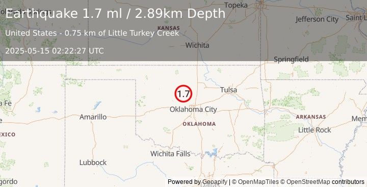 Earthquake 4 km NNW of Dover, Oklahoma (1.7 ml) (2025-05-15 02:22:27 UTC)