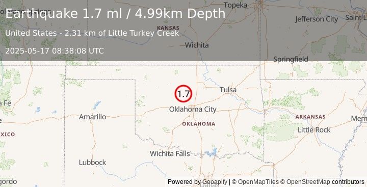 Earthquake 3 km N of Dover, Oklahoma (1.7 ml) (2025-05-17 08:38:08 UTC)
