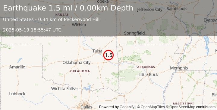 Earthquake 4 km WSW of Hulbert, Oklahoma (1.5 ml) (2025-05-19 18:55:47 UTC)