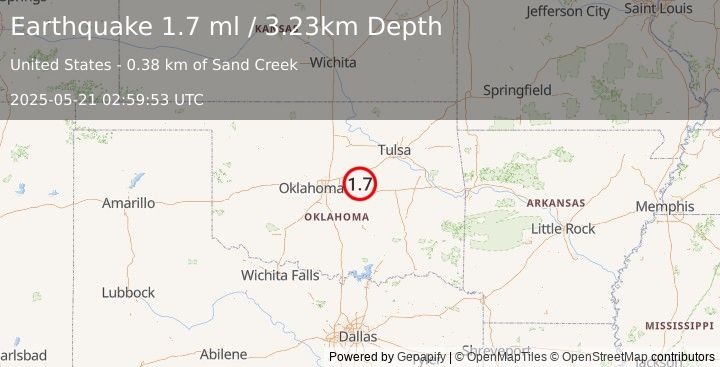 Earthquake 9 km SE of Sparks, Oklahoma (1.7 ml) (2025-05-21 02:59:53 UTC)