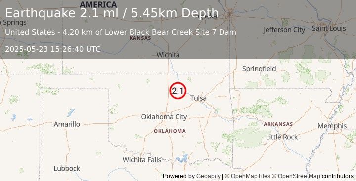 Earthquake 12 km NW of Pawnee, Oklahoma (2.1 ml) (2025-05-23 15:26:40 UTC)