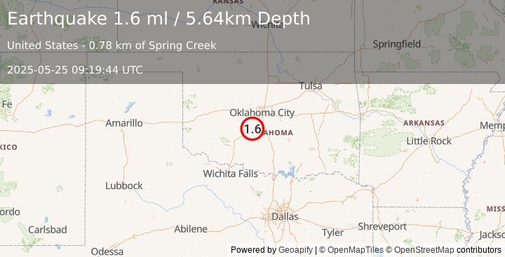 Earthquake 11 km E of Chickasha, Oklahoma (1.6 ml) (2025-05-25 09:19:44 UTC)