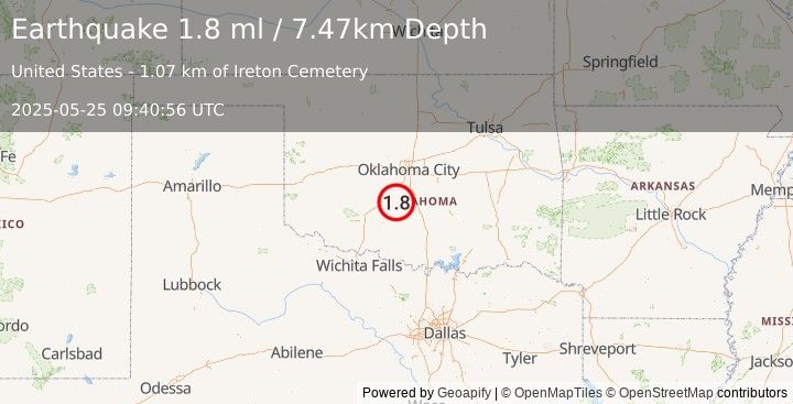 Earthquake 3 km NNE of Alex, Oklahoma (1.8 ml) (2025-05-25 09:40:56 UTC)