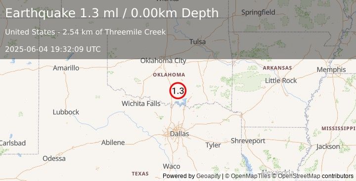 Earthquake 4 km SW of Mill Creek, Oklahoma (1.3 ml) (2025-06-04 19:32:09 UTC)