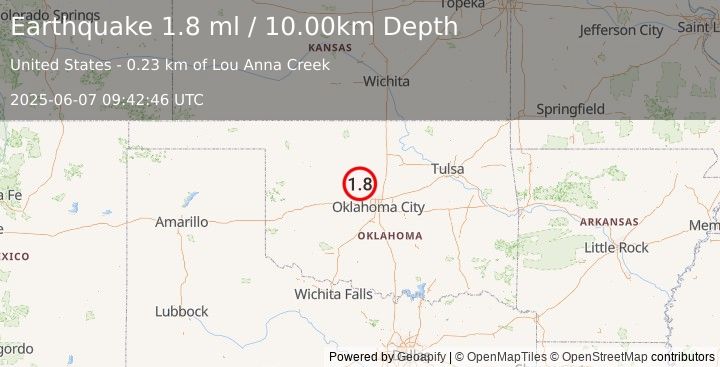 Earthquake 3 km NNE of Kingfisher, Oklahoma (1.8 ml) (2025-06-07 09:42:46 UTC)