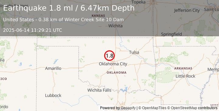 Earthquake 12 km E of Dover, Oklahoma (1.8 ml) (2025-06-14 11:29:21 UTC)
