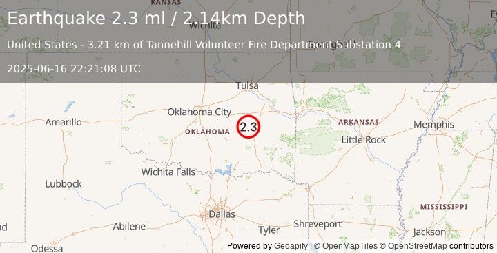 Earthquake 14 km SSW of Hanna, Oklahoma (2.3 ml) (2025-06-16 22:21:08 UTC)