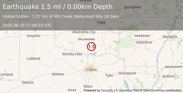 Earthquake 3 km NNW of Mill Creek, Oklahoma (1.5 ml) (2025-06-20 17:08:03 UTC)