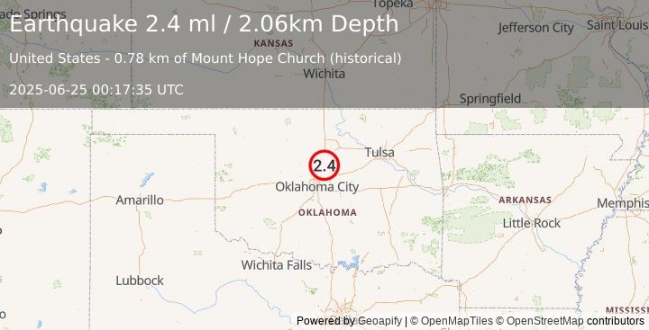 Earthquake 8 km ENE of Guthrie, Oklahoma (2.4 ml) (2025-06-25 00:17:35 UTC)