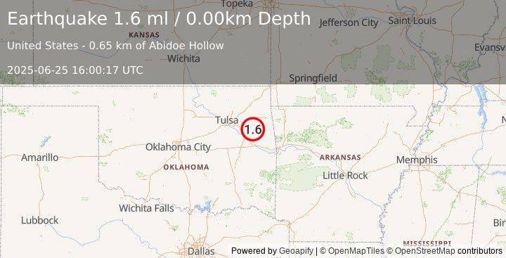 Earthquake 2 km WSW of Hulbert, Oklahoma (1.6 ml) (2025-06-25 16:00:17 UTC)
