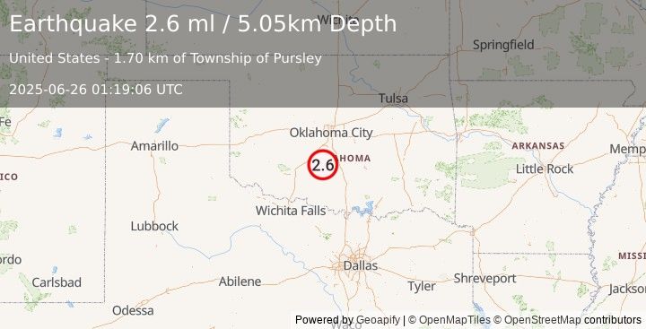 Earthquake 5 km S of Bradley, Oklahoma (2.6 ml) (2025-06-26 01:19:06 UTC)