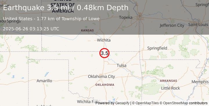 Earthquake 4 km ESE of Braman, Oklahoma (3.5 ml) (2025-06-26 03:13:25 UTC)