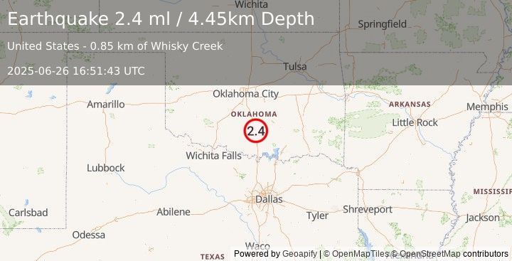 Earthquake 7 km NW of Davis, Oklahoma (2.0 ml) (2025-06-26 16:51:42 UTC)