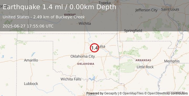 Earthquake 7 km SE of Oilton, Oklahoma (1.4 ml) (2025-06-27 17:55:06 UTC)