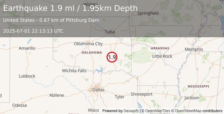 Earthquake 2 km SSE of Pittsburg, Oklahoma (1.9 ml) (2025-07-01 22:13:13 UTC)