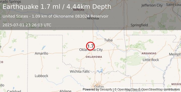 Earthquake 10 km NW of Edmond, Oklahoma (1.7 ml) (2025-07-01 23:26:03 UTC)