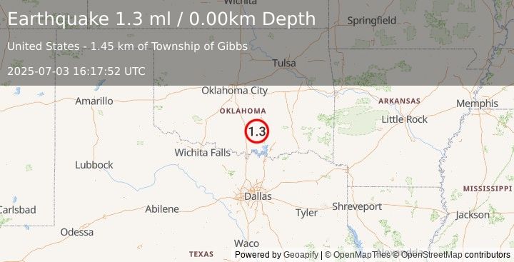 Earthquake 4 km N of Mill Creek, Oklahoma (1.3 ml) (2025-07-03 16:17:52 UTC)