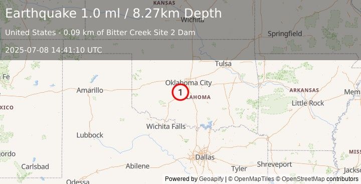 Earthquake 2 km SSE of Amber, Oklahoma (1.0 ml) (2025-07-08 14:41:10 UTC)