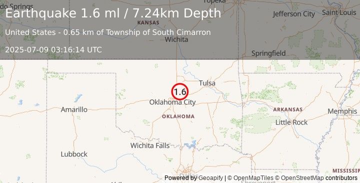Earthquake 5 km E of Meridian, Oklahoma (1.6 ml) (2025-07-09 03:16:14 UTC)