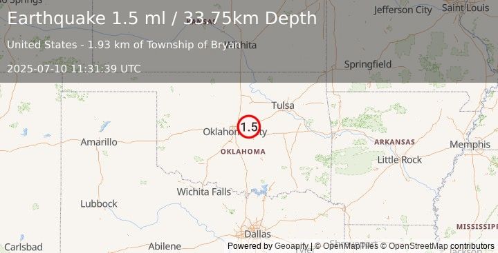 Earthquake 10 km S of Wellston, Oklahoma (1.5 ml) (2025-07-10 11:31:39 UTC)