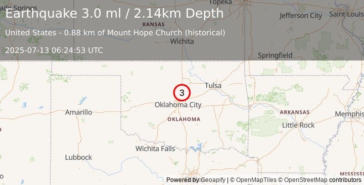 Earthquake 7 km ENE of Guthrie, Oklahoma (3.0 ml) (2025-07-13 06:24:53 UTC)