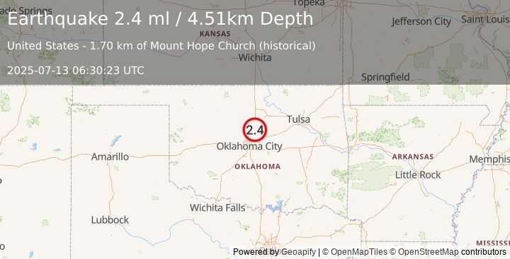 Earthquake 7 km E of Guthrie, Oklahoma (2.4 ml) (2025-07-13 06:30:23 UTC)