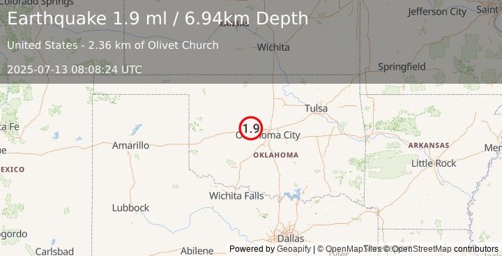 Earthquake 8 km NE of Calumet, Oklahoma (1.9 ml) (2025-07-13 08:08:24 UTC)
