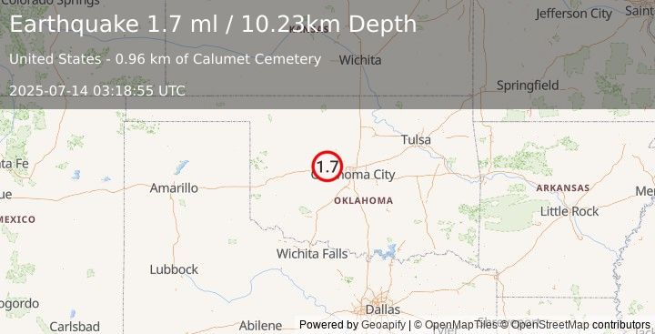 Earthquake 1 km NW of Calumet, Oklahoma (1.7 ml) (2025-07-14 03:18:55 UTC)