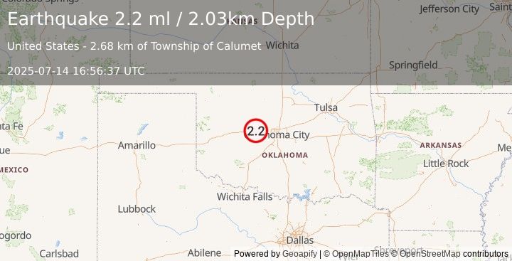 Earthquake 6 km WSW of Calumet, Oklahoma (1.9 ml) (2025-07-14 16:56:36 UTC)