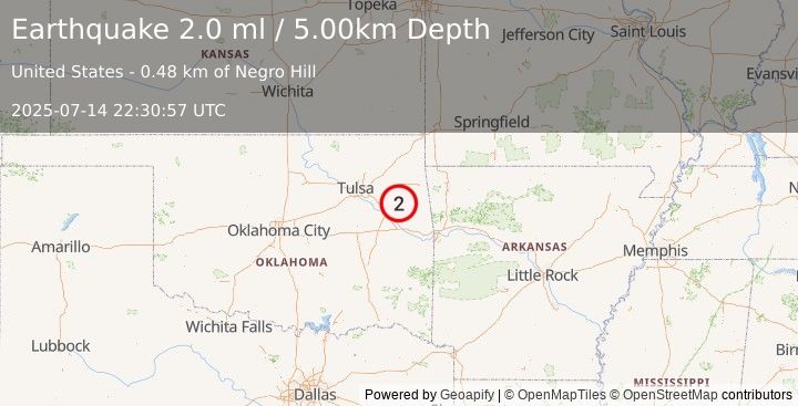 Earthquake 2 km SSE of Hulbert, Oklahoma (2.0 ml) (2025-07-14 22:30:57 UTC)