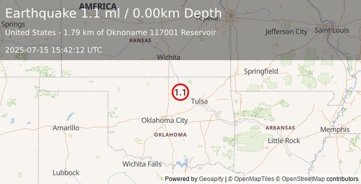 Earthquake 8 km WSW of Ralston, Oklahoma (1.1 ml) (2025-07-15 15:42:12 UTC)