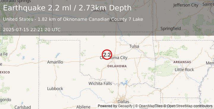 Earthquake 7 km ENE of Calumet, Oklahoma (1.4 ml) (2025-07-15 22:21:19 UTC)