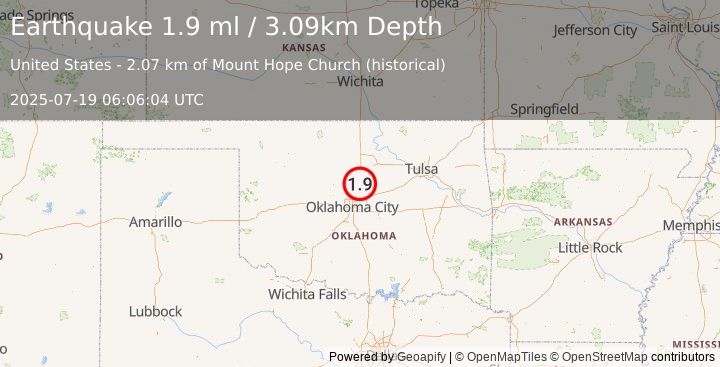 Earthquake 7 km E of Guthrie, Oklahoma (1.9 ml) (2025-07-19 06:06:04 UTC)