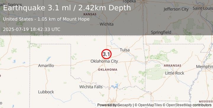Earthquake 7 km ENE of Guthrie, Oklahoma (3.1 ml) (2025-07-19 18:42:33 UTC)