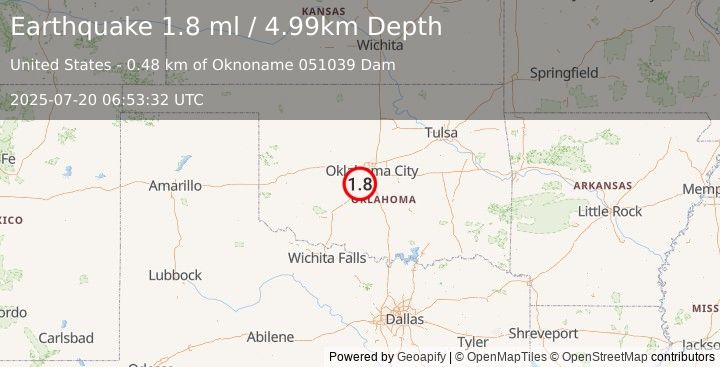 Earthquake 3 km W of Bridge Creek, Oklahoma (1.8 ml) (2025-07-20 06:53:32 UTC)