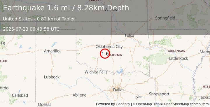 Earthquake 10 km E of Chickasha, Oklahoma (1.6 ml) (2025-07-23 06:49:58 UTC)